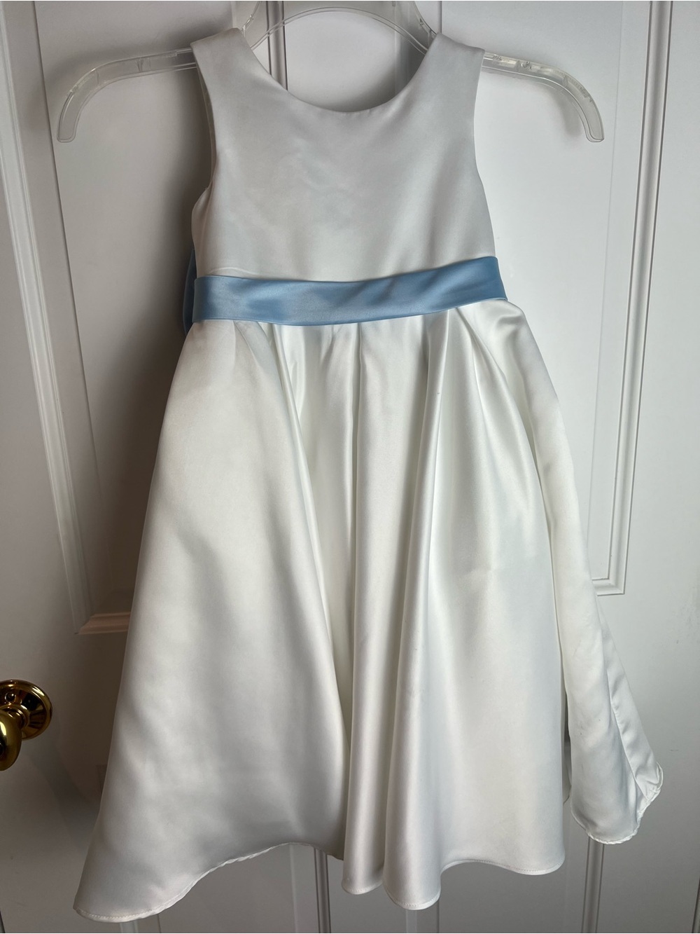 White Satin Flower Girls Dress with Sky Blue Waistband and Large Detachable Back